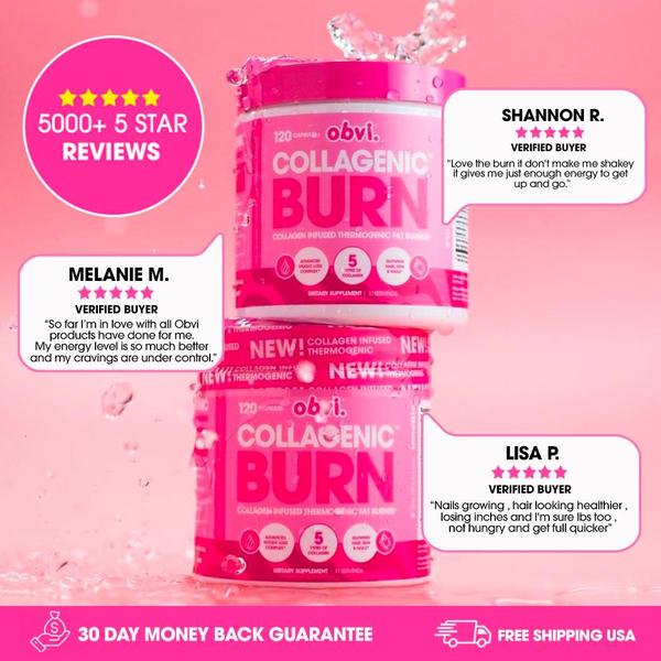 A square 1:1 ad creative using a collage of customer testimonials and high-contrast pink branding to build trust for a thermogenic supplement.